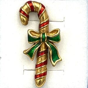 Vintage Avon Gold Tone W/ Red & Green Enamel Christmas Candy Cane Pin